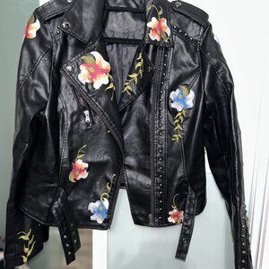 Woman Francis Faux Leather Moto Jacket Black With Floral Embroidery Size Large